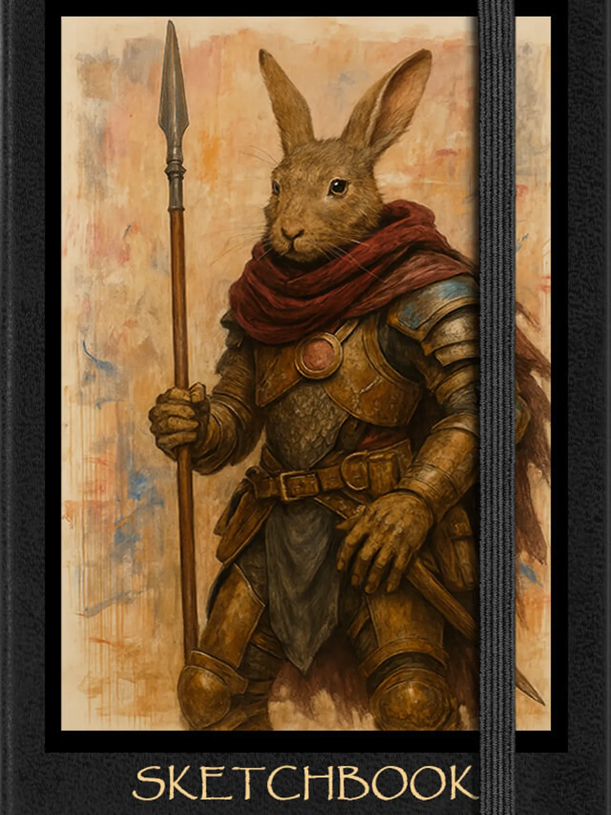 The sketchbook's cover: an armoured rabbit, titled Sketchbook, e whyte