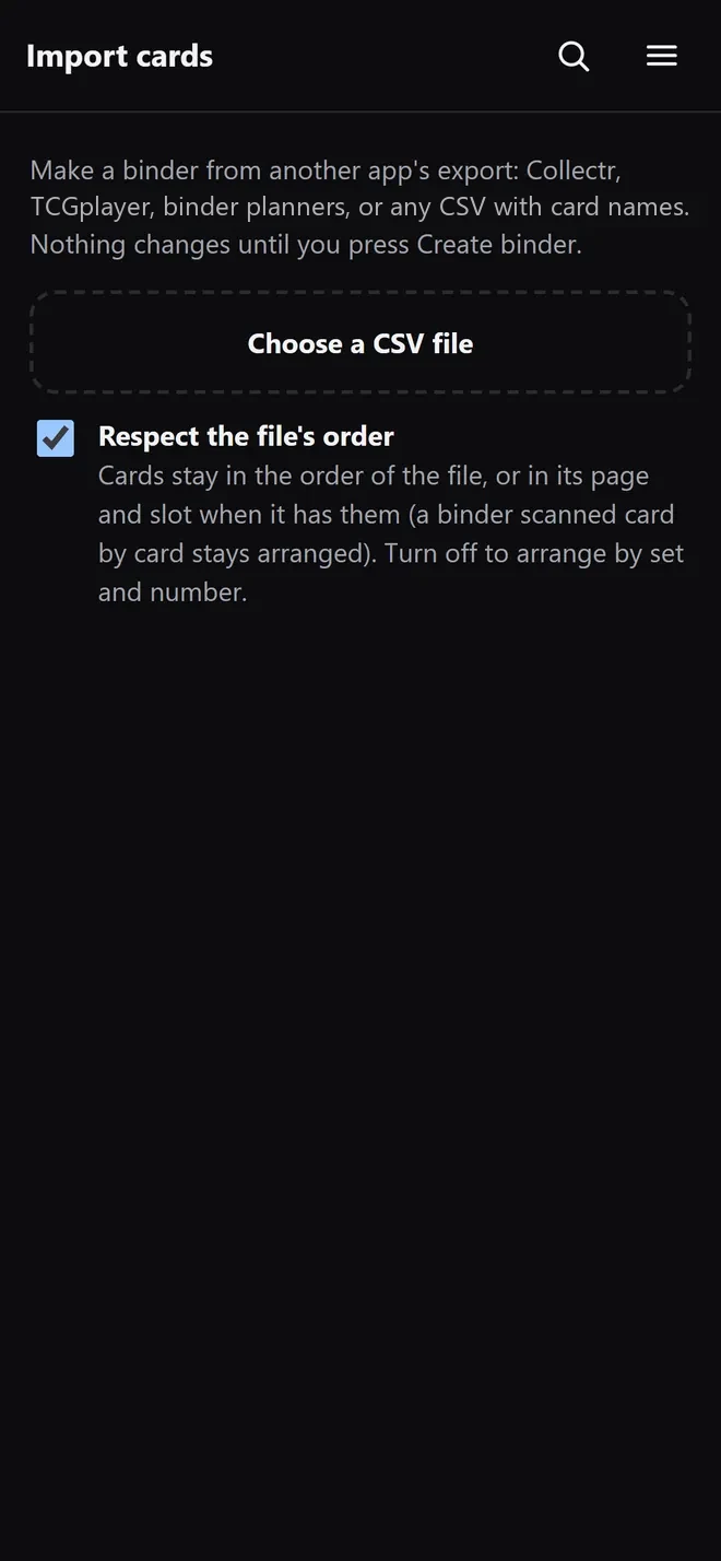 Import cards: choose a CSV file