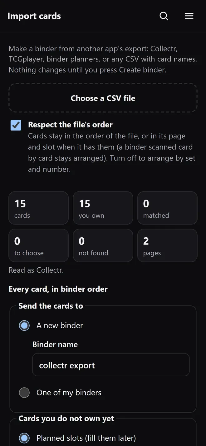 The file read as Collectr: 15 cards, 15 you own, 2 pages