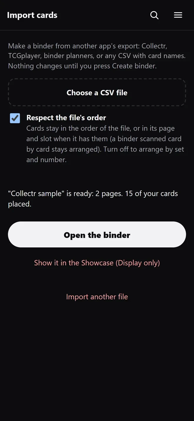 Done: 2 pages, 15 of your cards placed, Open the binder