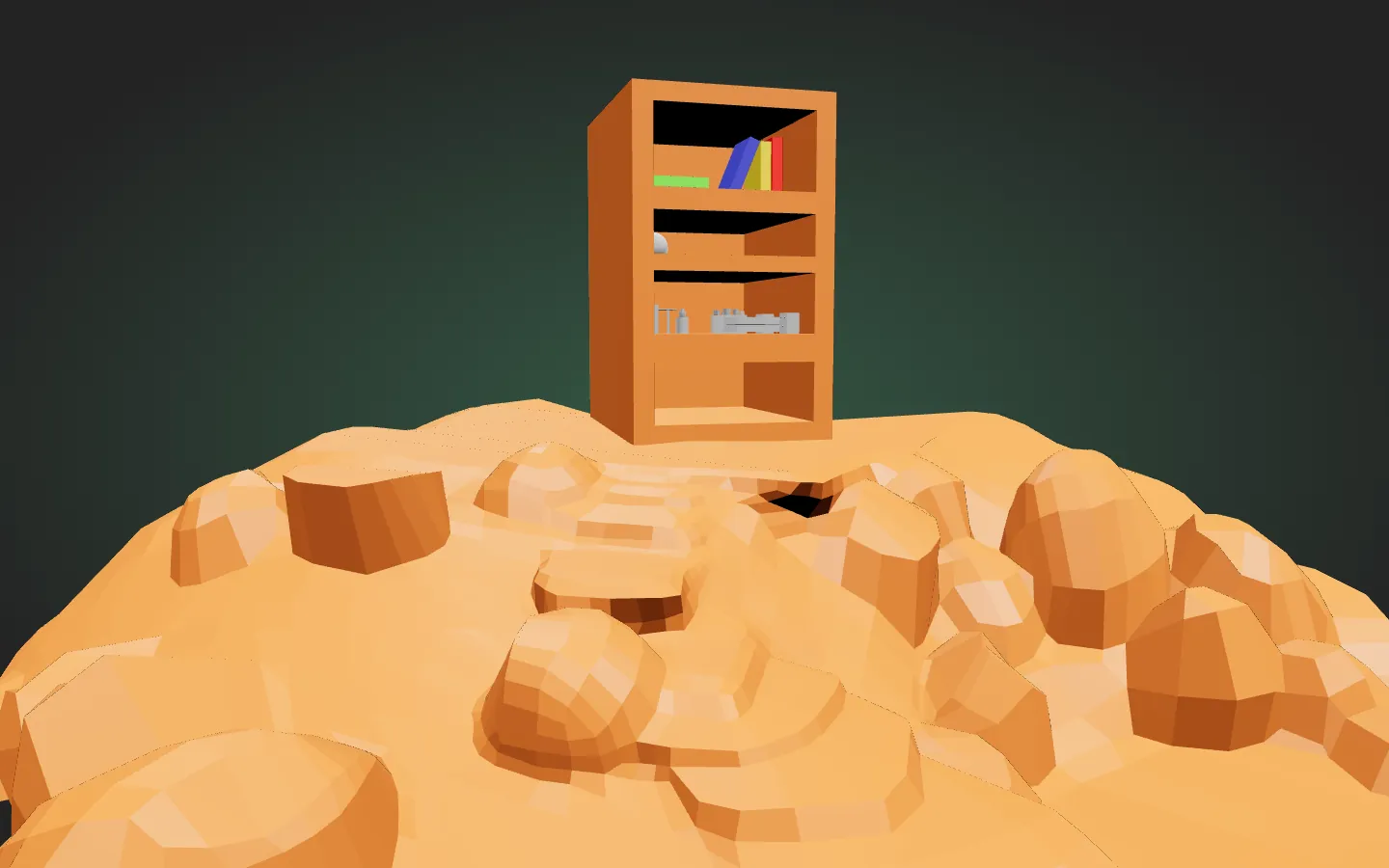 The second version: a bookshelf standing like a lighthouse on a low-poly rocky island