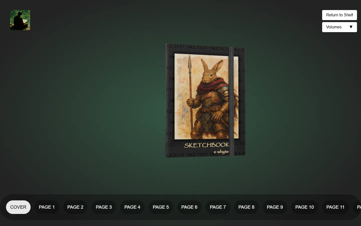 The first version: a single sketchbook with an armoured rabbit on the cover, over a dark green background, with page buttons