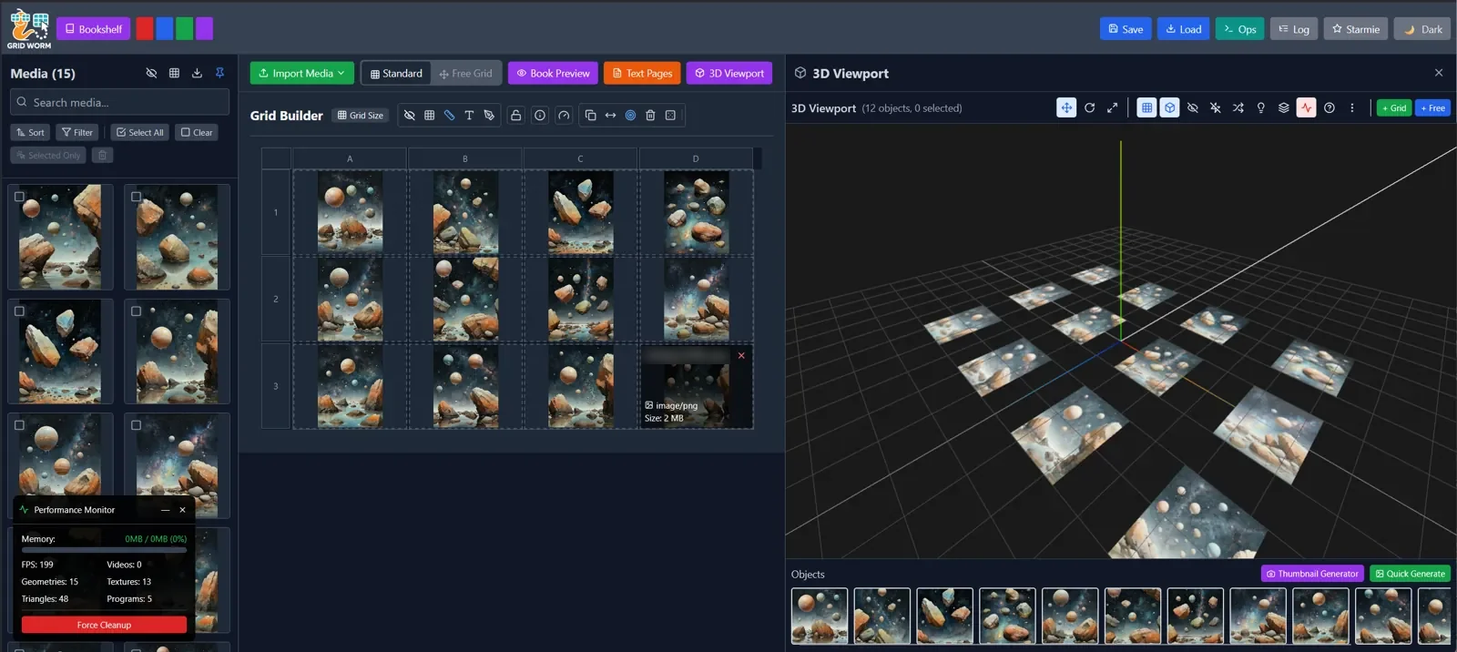 The 3D viewport: media laid out on a grid in space, now cut