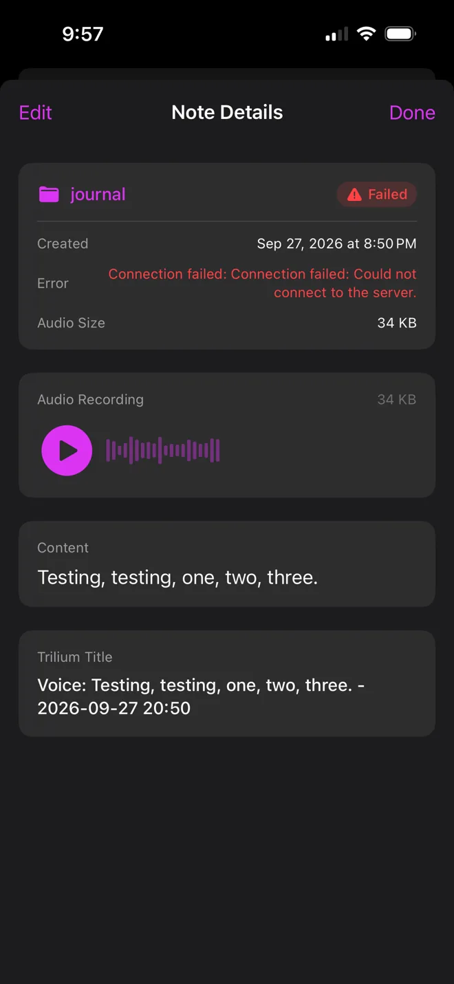 Note details marked Failed: connection failed, could not connect to the server