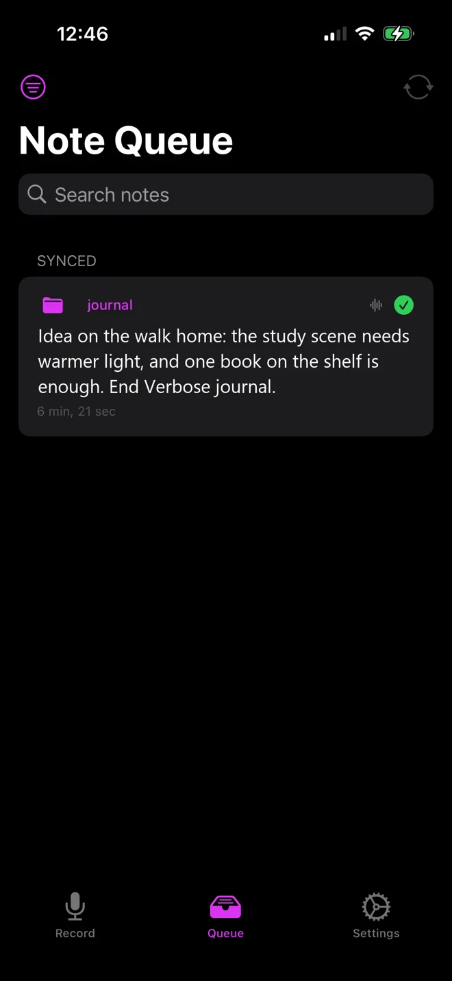 The note queue with a synced note and a green tick