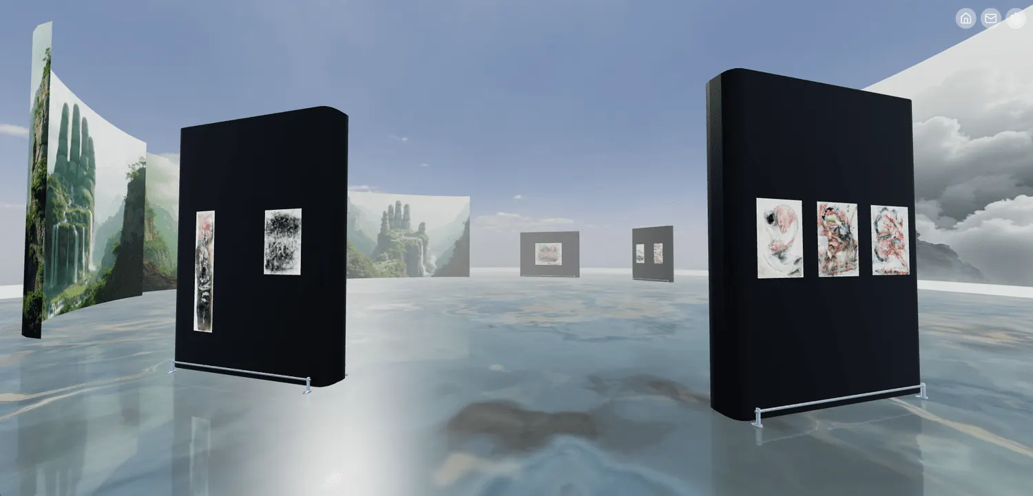 Walls of drawings over the water floor