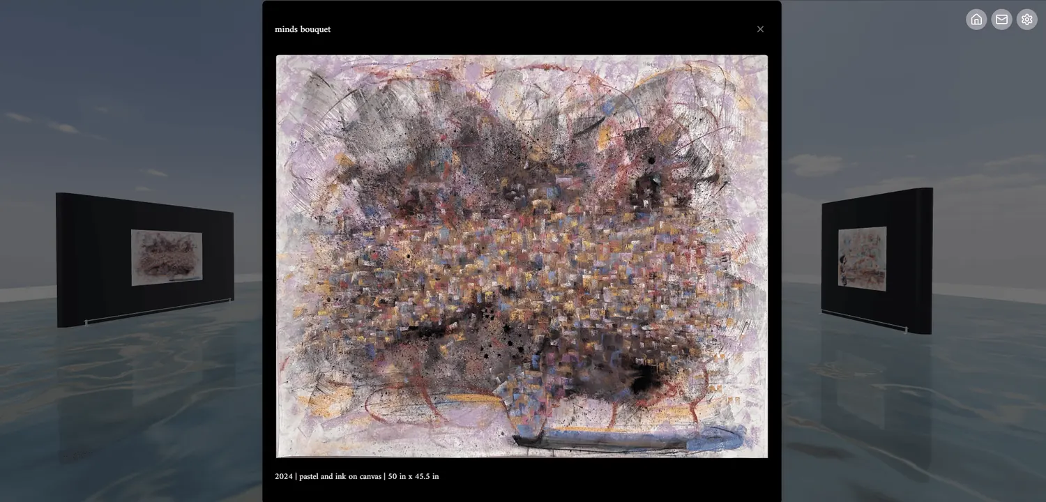 An artwork opened up close, with its label
